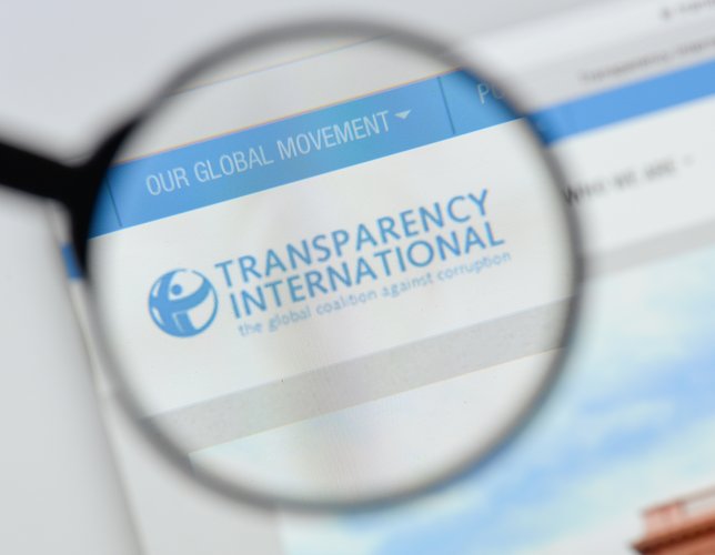 Transparency International website homepage. Transparency International logo visible.