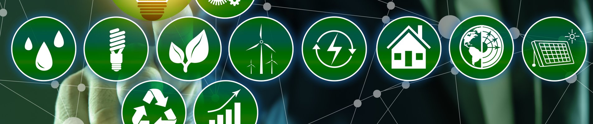 Energy efficiency concept. Man demonstrating scheme with icons, closeup