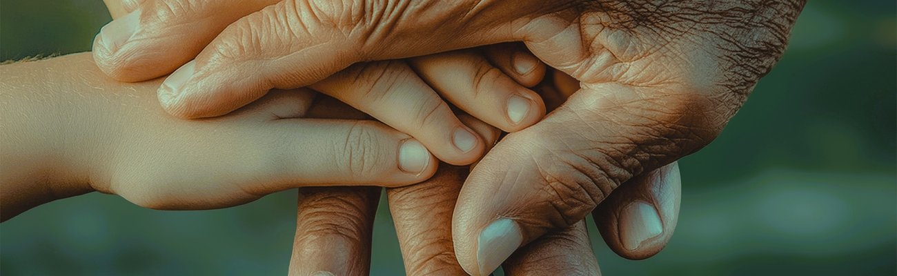 hands of an elder person and a child together over one another